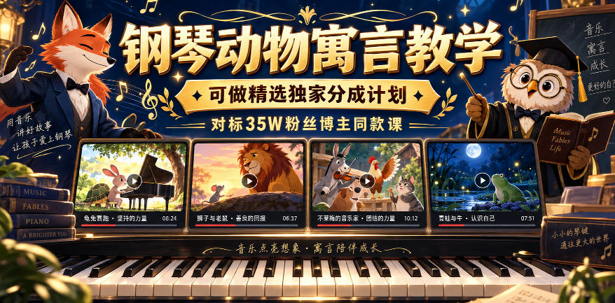 钢琴动物寓言教学，可做精选独家分成计划，对标35W粉丝博主同款课-朽念云创