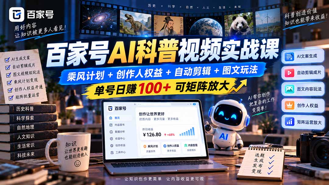 百家号AI科普视频实战课：乘风计划+创作人权益+自动剪辑+图文玩法，单号日赚100+可矩阵放大-朽念云创