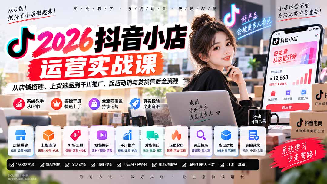 2026抖音小店运营实战课|从店铺搭建、上货选品到千川推广、起店动销与发货售后全流程-朽念云创
