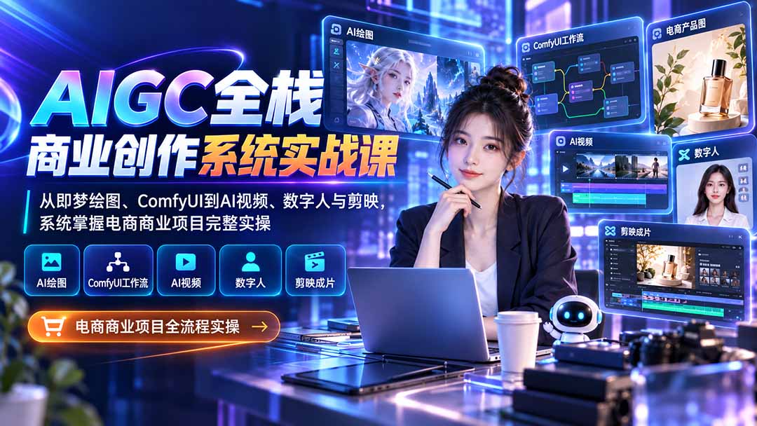 AIGC全栈商业创作系统实战课-无水印:从即梦绘图、ComfyUI到AI视频、数字人与剪映,系统掌握电商商业项目完整实操-朽念云创
