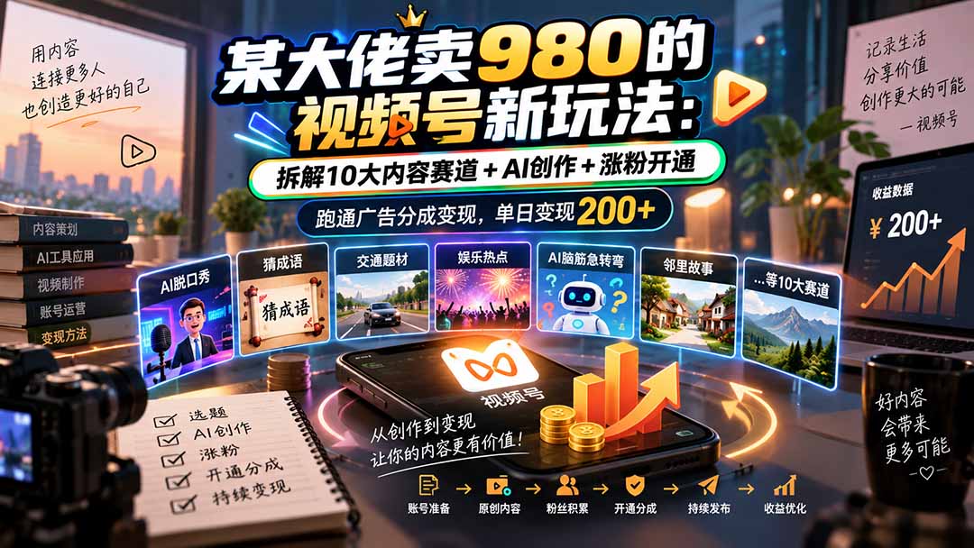 某大佬卖980的视频号新玩法：拆解10大内容赛道+AI创作+涨粉开通，跑通广告分成变现，单日变现200+-朽念云创