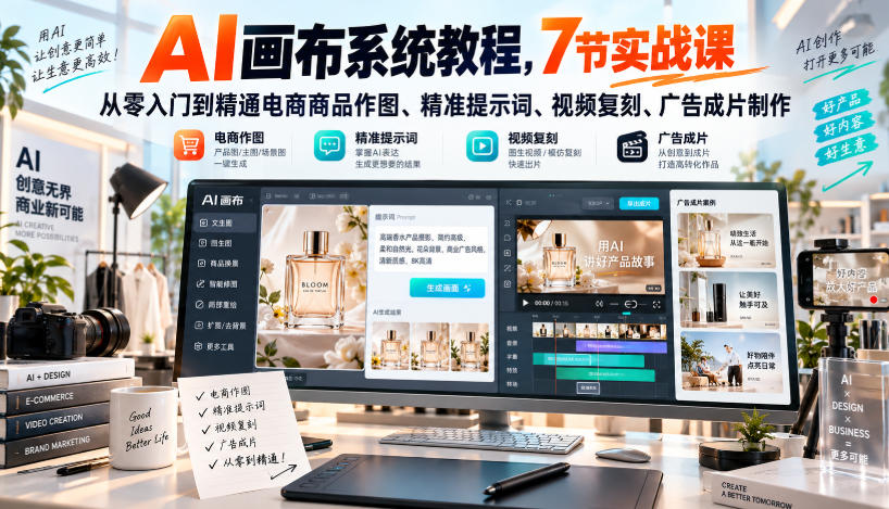 AI画布系统教程，7节实战课从零入门到精通电商商品作图、精准提示词、视频复刻、广告成片制作-朽念云创