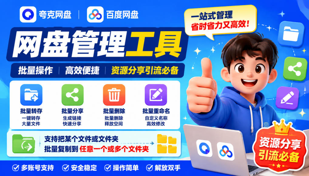 夸克网盘批量文件重命名,批量转存、批量分享、批量复制,内置AI功能-朽念云创
