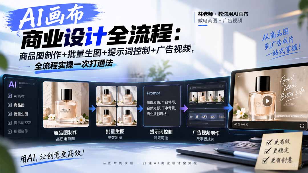 AI画布商业设计全流程：商品图制作+批量生图+提示词控制+广告视频，全流程实操一次打通法-朽念云创
