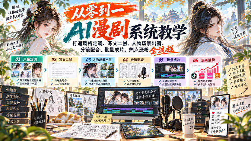 从零到一AI漫剧系统教学，打通风格定调、写文二创、人物场景出图、分镜配音、批量成片、热点涨粉全流程-朽念云创