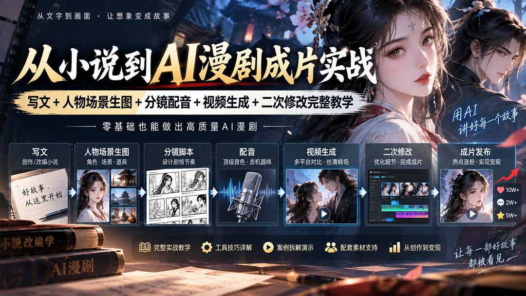 从小说到AI漫剧成片实战：写文+人物场景生图+分镜配音+视频生成+二次修改完整教学-朽念云创