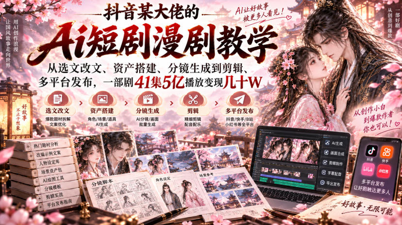 抖音某大佬的Ai短剧漫剧教学,从选文改文、资产搭建、分镜生成到剪辑、多平台发布,一部剧41集5亿播放变现几十W-朽念云创