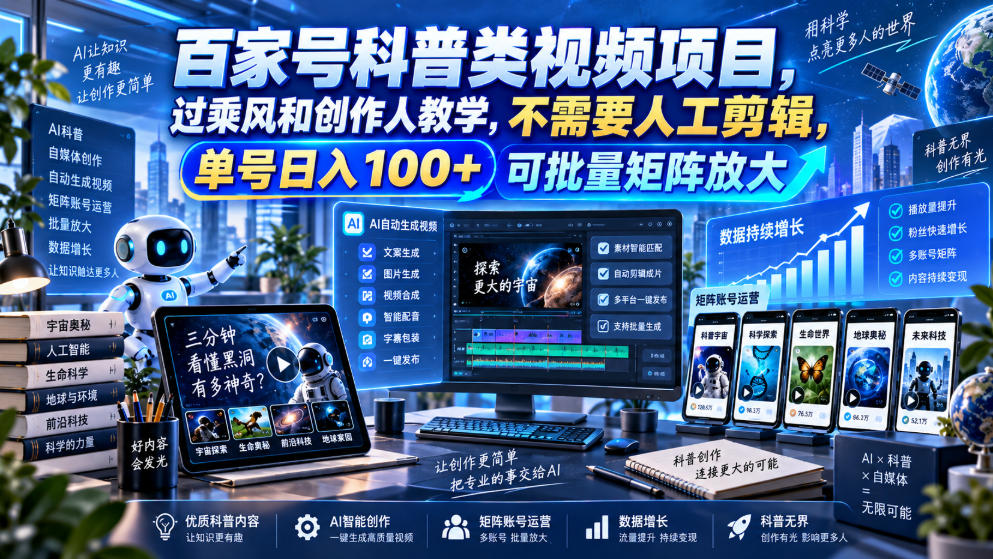 百家号科普类视频项目，过乘风和创作人教学，不需要人工剪辑，单号日入100+可批量矩阵放大-朽念云创