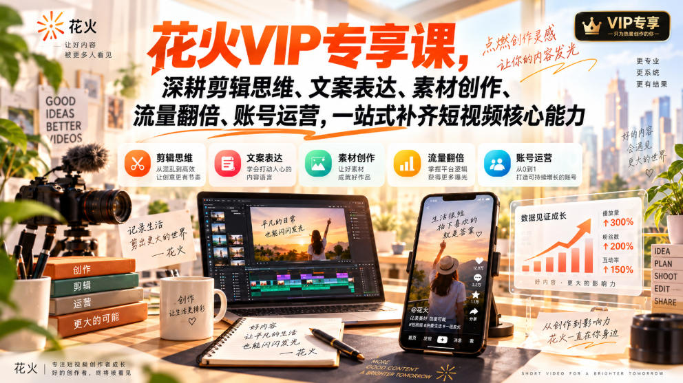 花火VIP专享课，深耕剪辑思维、文案表达、素材创作、流量翻倍、账号运营，一站式补齐短视频核心能力-朽念云创