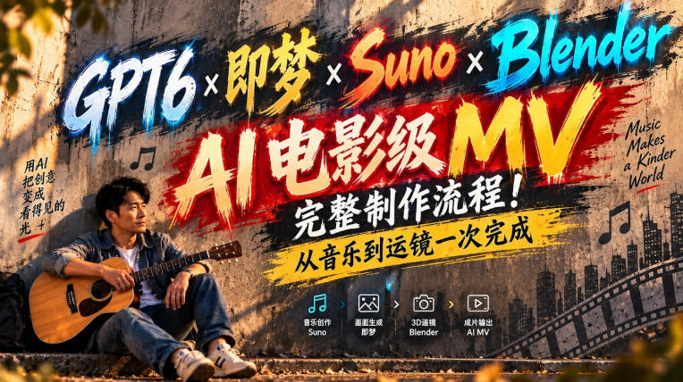 GPT6×即梦×Suno×Blender｜AI电影级MV完整制作流程！从音乐到运镜一次完成！-朽念云创