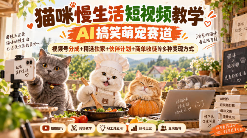 猫咪慢生活短视频教学，AI搞笑萌宠赛道，视频号分成+精选独家+伙伴计划+商单收徒等多种变现方式-朽念云创