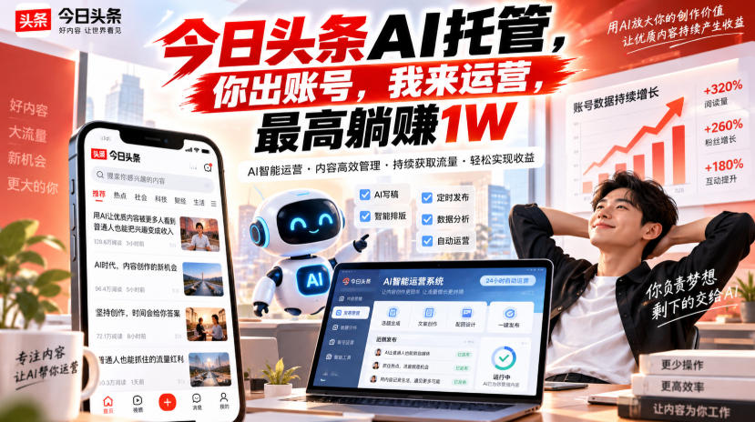 今日头条AI托管，你出账号，我来运营，最高躺賺1W【揭秘】-朽念云创