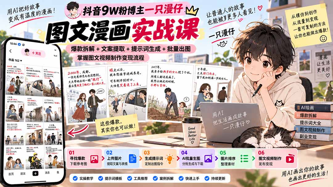 抖音9W粉博主一只漫仔图文漫画课：爆款拆解+文案提取+提示词生成+批量出图，掌握图文视频制作变现流程-朽念云创