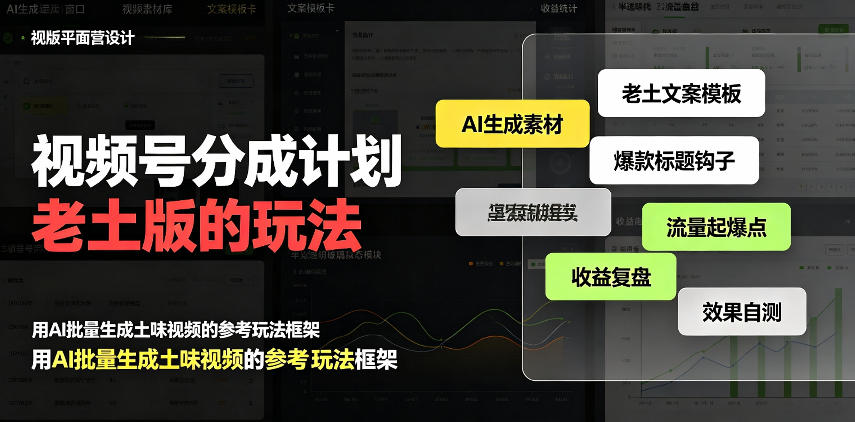 视频号分成计划老土版的玩法，流量爆炸，每天收益300+，纯靠AI生成，越土的玩法，越高级-朽念云创
