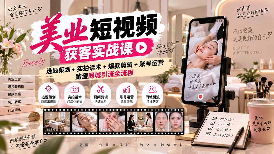 美业短视频获客实战课-无水印：选题策划+实拍话术+爆款剪辑+账号运营，跑通同城引流全流程-朽念云创
