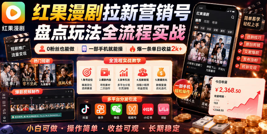 红果漫剧拉新营销号盘点玩法全流程实战，0粉丝也能做，一部手机就能做，爆一条单日收益2k+(更新0922)-朽念云创