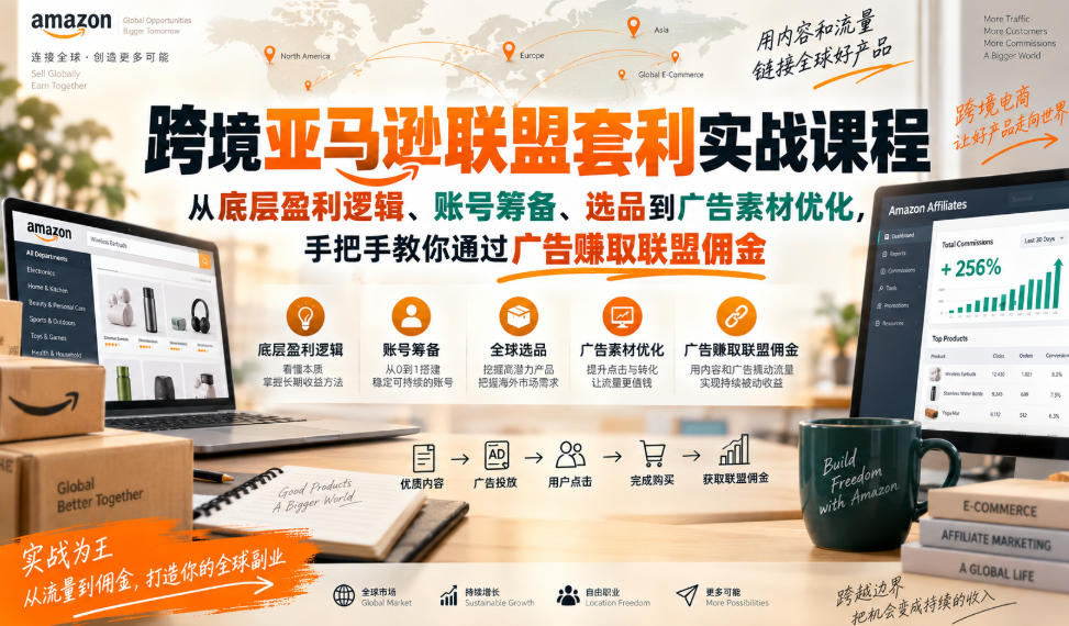 跨境亚马逊联盟套利实战课程,从底层盈利逻辑、账号筹备、选品到广告素材优化,手把手教你通过广告賺取联盟佣金-朽念云创