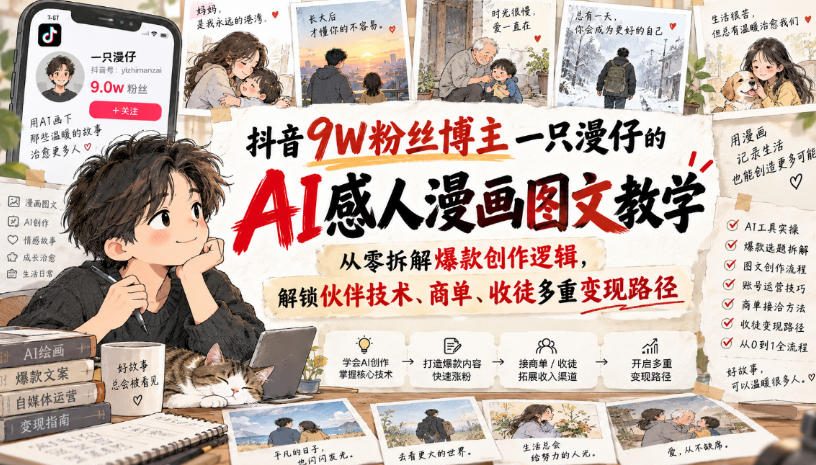 抖音9W粉丝博主一只漫仔的AI感人漫画图文教学，从零拆解爆款创作逻辑，解锁伙伴技术、商单、收徒多重变现路径-朽念云创