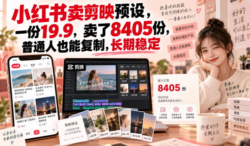 小红书卖剪映预设，一份19.9，卖了8405份，普通人也能复制，长期稳定-朽念云创