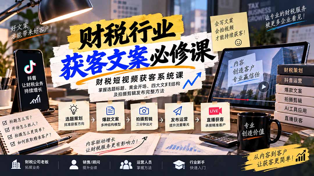 财税短视频获客系统课：掌握选题标题、黄金开场、四大文案结构及拍摄剪辑发布完整方法-朽念云创