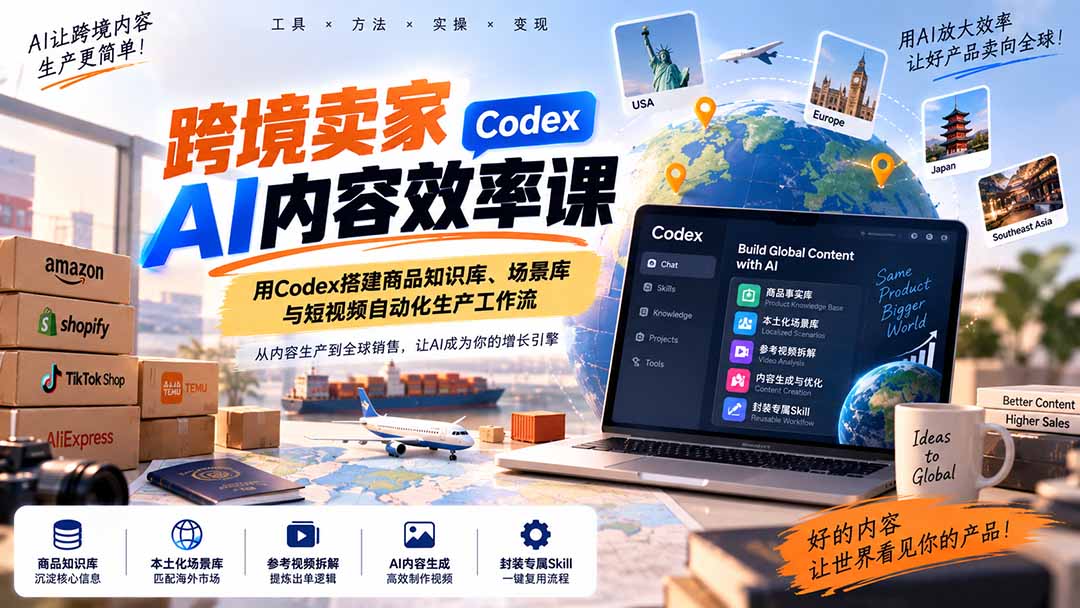 跨境卖家AI内容效率课：用Codex搭建商品知识库、场景库与短视频自动化生产工作流-朽念云创