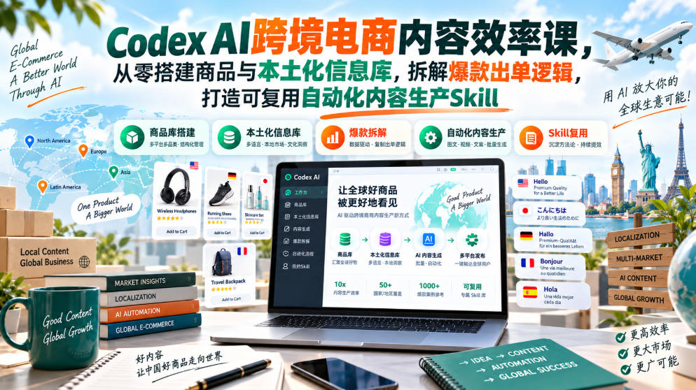 Codex AI跨境电商内容效率课,从零搭建商品与本土化信息库,拆解爆款出单逻辑,打造可复用自动化内容生产Skill-朽念云创