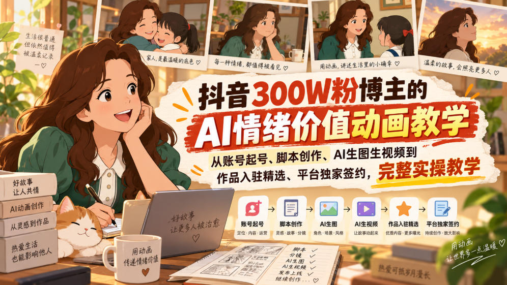 抖音300W粉博主的AI情绪价值动画教学,从账号起号、脚本创作、AI生图生视频到作品入驻精选、平台独家签约,完整实操-朽念云创