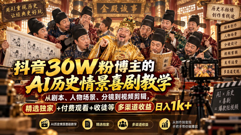 抖音30W粉博主的AI历史情景喜剧教学,从剧本、人物场景、分镜到视频剪辑,精选独家+付费观看+收徒等多渠道收益日入1k+-朽念云创
