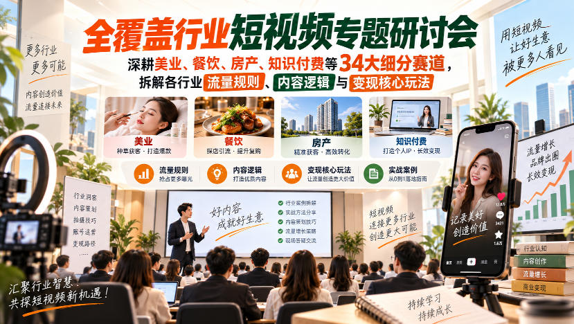 短视频专题研讨会，深耕美业、餐饮、房产、知识付费等34大细分赛道，拆解各行业流量规则、内容逻辑与变现核心玩法-朽念云创