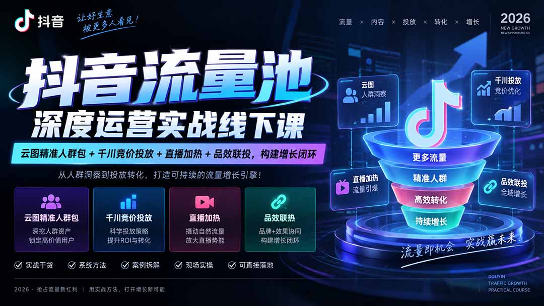 抖音流量池深度运营实战线下课|云图精准人群包+千川竞价投放+直播加热+品效联投,构建增长闭环-朽念云创