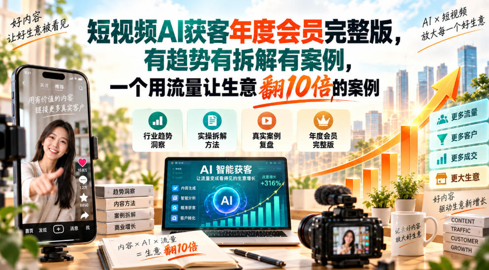短视频AI获客年度会员完整版，有趋势有拆解有案例，一个用流量让生意翻10倍的案例-朽念云创