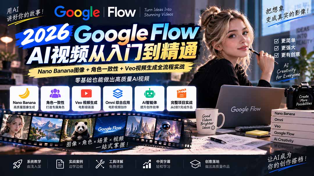 【无水印】Google Flow AI视频从入门到精通:Nano Banana图像+角色一致性+Veo视频生成全流程实战-精翻中英字幕-朽念云创