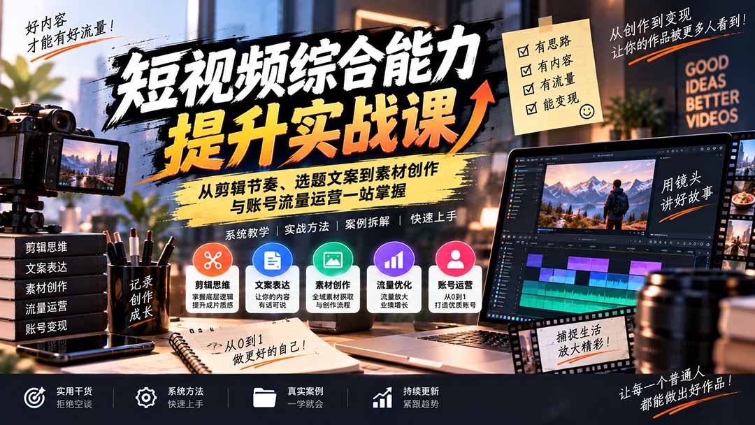 短视频综合能力提升实战课：从剪辑节奏、选题文案到素材创作与账号流量运营一站掌握-朽念云创