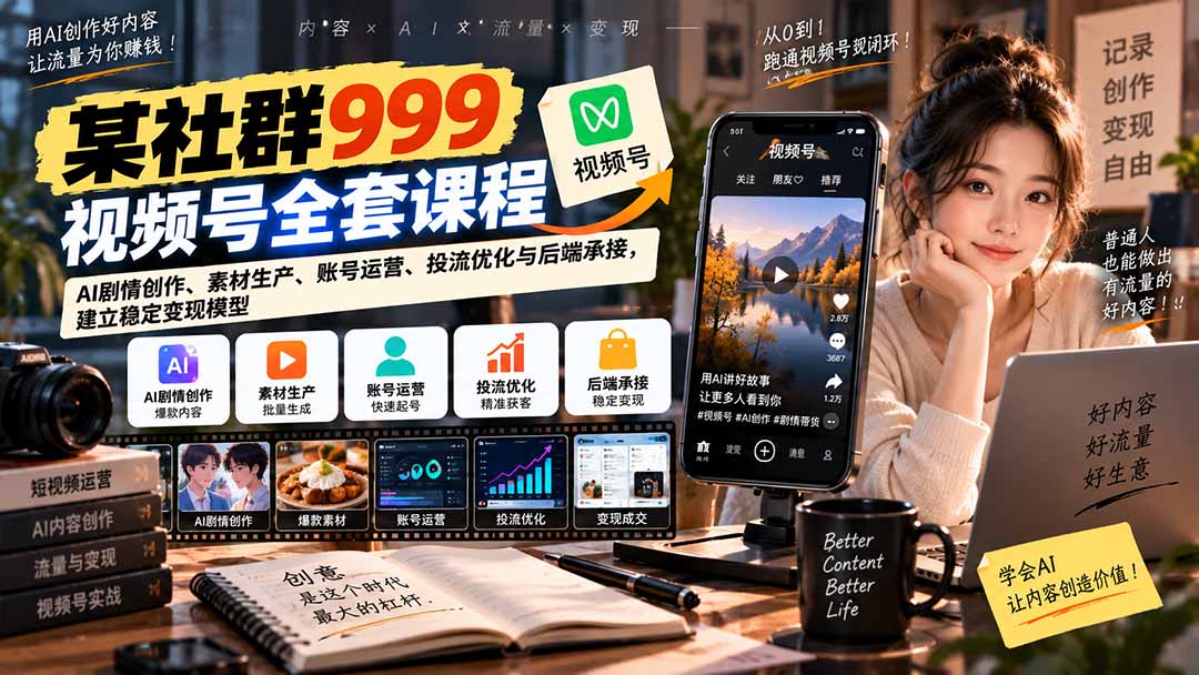 【无水印】某社群999视频号全套课程：AI剧情创作、素材生产、账号运营、投流优化与后端承接，建立稳定变现模型-朽念云创