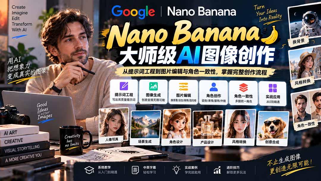 【无水印】Nano Banana大师级AI图像实战课：从提示词工程到图片编辑与角色一致性，掌握完整创作流程-朽念云创
