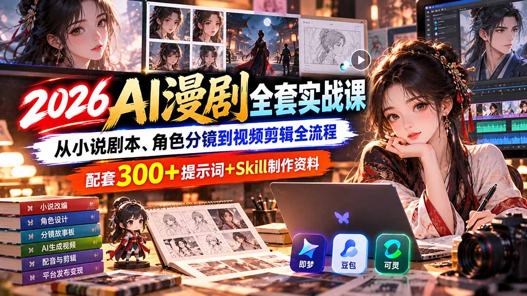 【无水印】2026AI漫剧全套实战课:从小说剧本、角色分镜到视频剪辑全流程,配套300+提示词+Skill制作资料-朽念云创