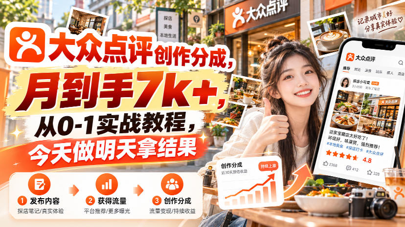 大众点评创作分成,月到手7k+,从0-1实战教程,今天做明天拿结果-朽念云创