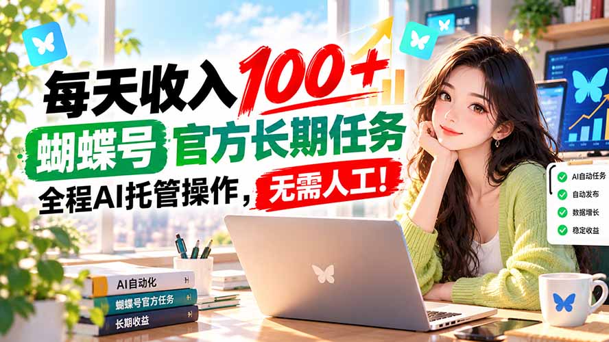 每天收入100+, 蝴蝶号官方长期任务, 全程ai托管操作,无需人工!-朽念云创