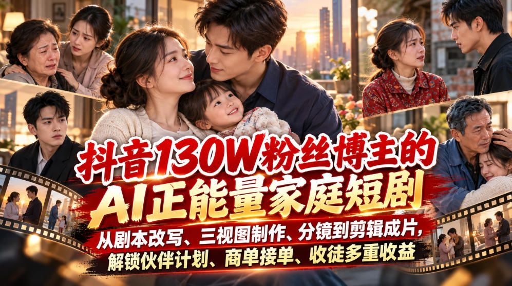 抖音130W粉丝博主的AI正能量家庭短剧,从剧本改写、三视图制作、分镜到剪辑成片,解锁伙伴计划、商单接单、收徒多重收益-朽念云创
