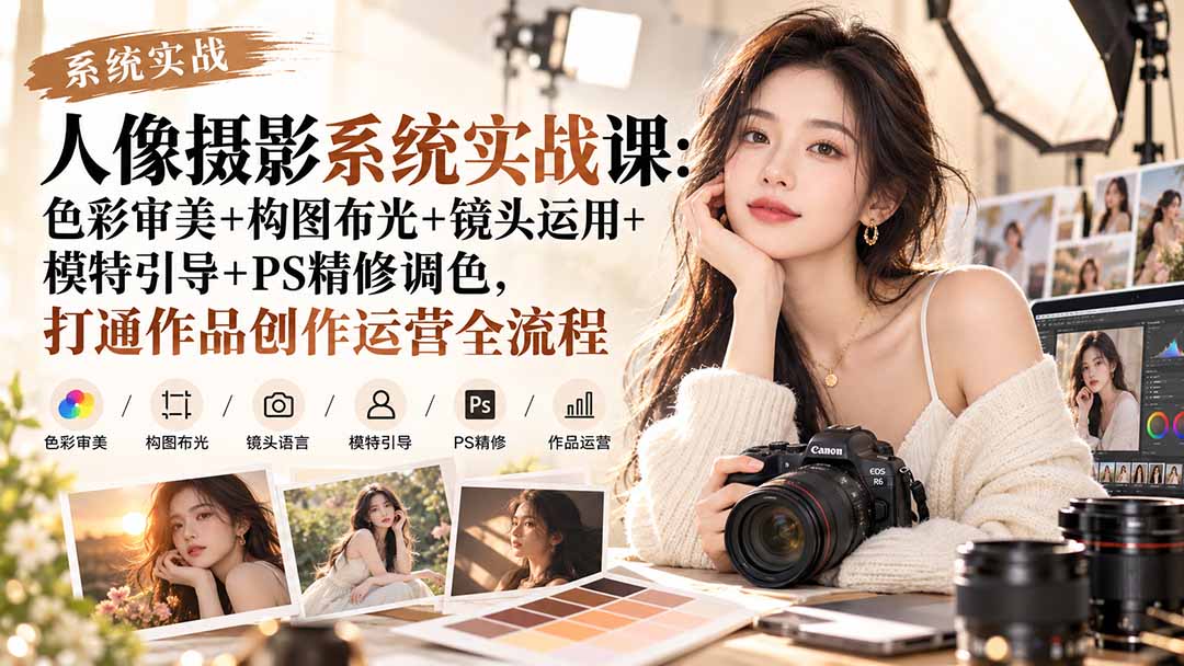 【无水印】人像摄影系统实战课：色彩审美+构图布光+镜头运用+模特引导+PS精修调色，打通作品创作运营全流程-朽念云创
