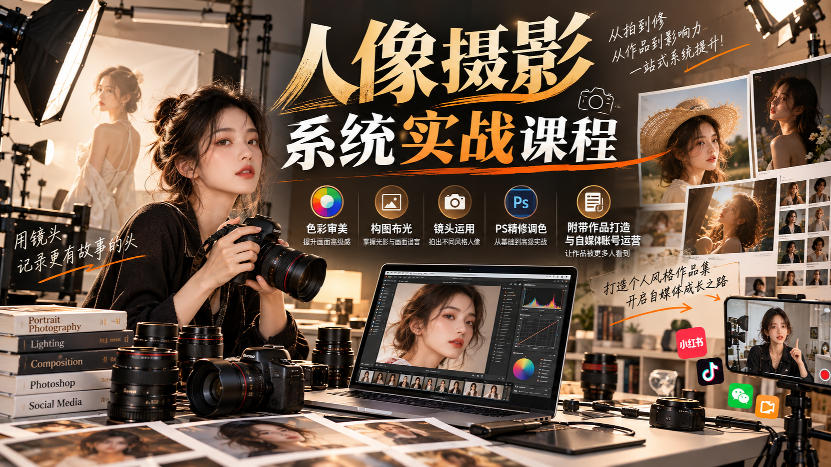 【无水印】人像摄影系统实战课程,色彩审美、构图布光、镜头运用、PS精修调色,附带作品打造与自媒体账号运营-朽念云创