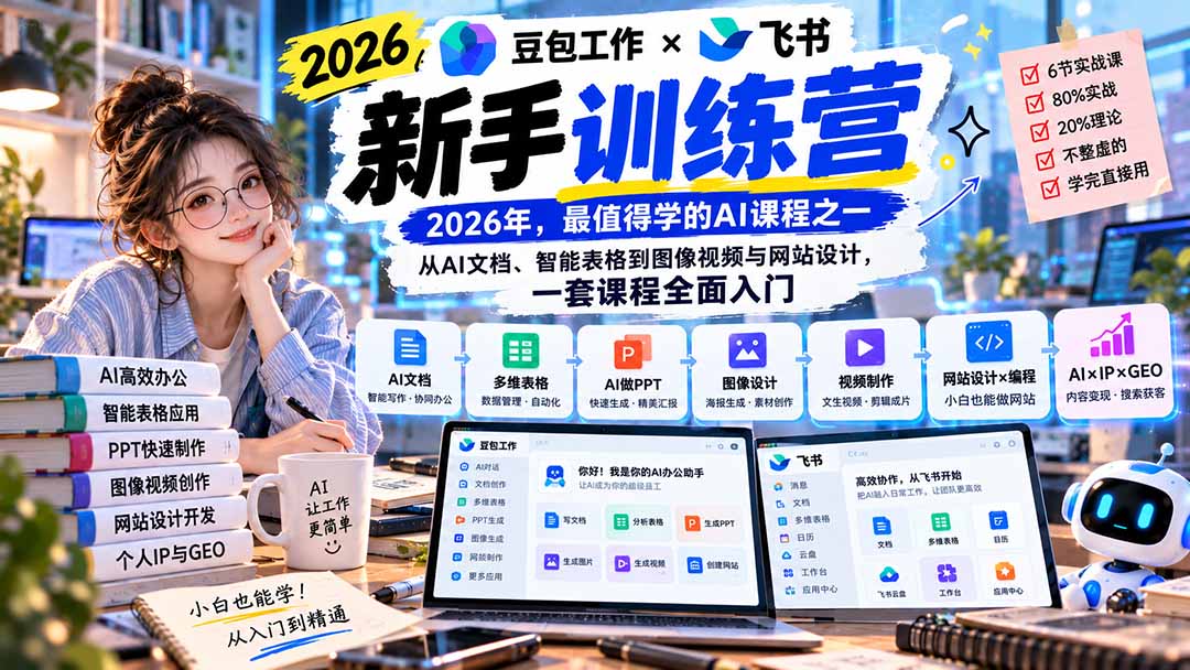 2026豆包工作+飞书新手训练营-9月新课:从AI文档、智能表格到图像视频与网站设计,一套课程全面入门-朽念云创