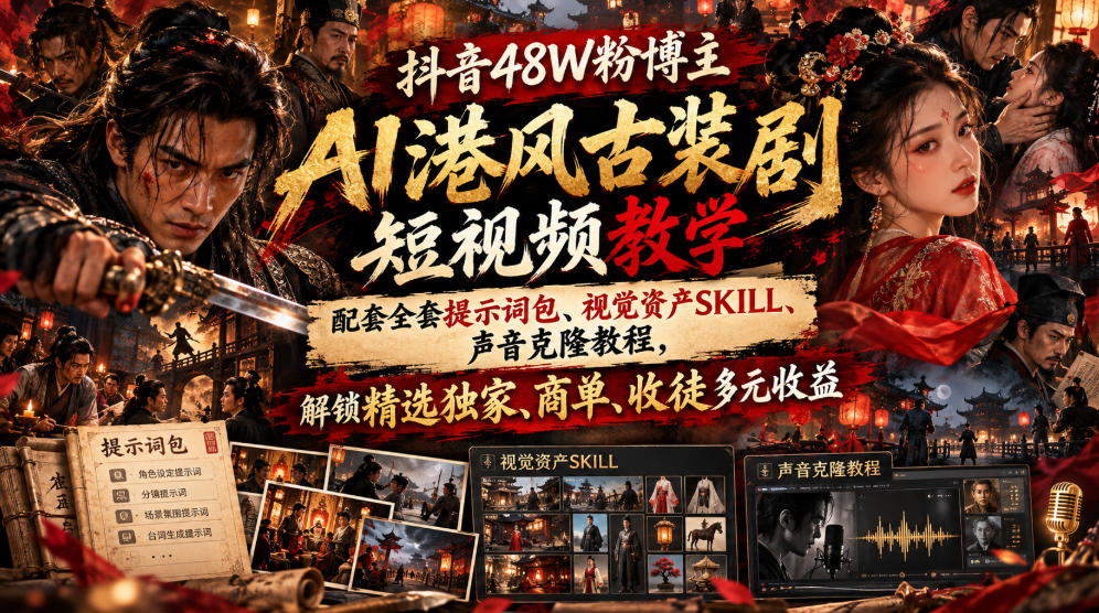 抖音48W粉博主AI港风古装剧短视频教学,配套全套提示词包、视觉资产SKILL、声音克隆教程,解锁精选独家、商单、收徒多元收益-朽念云创