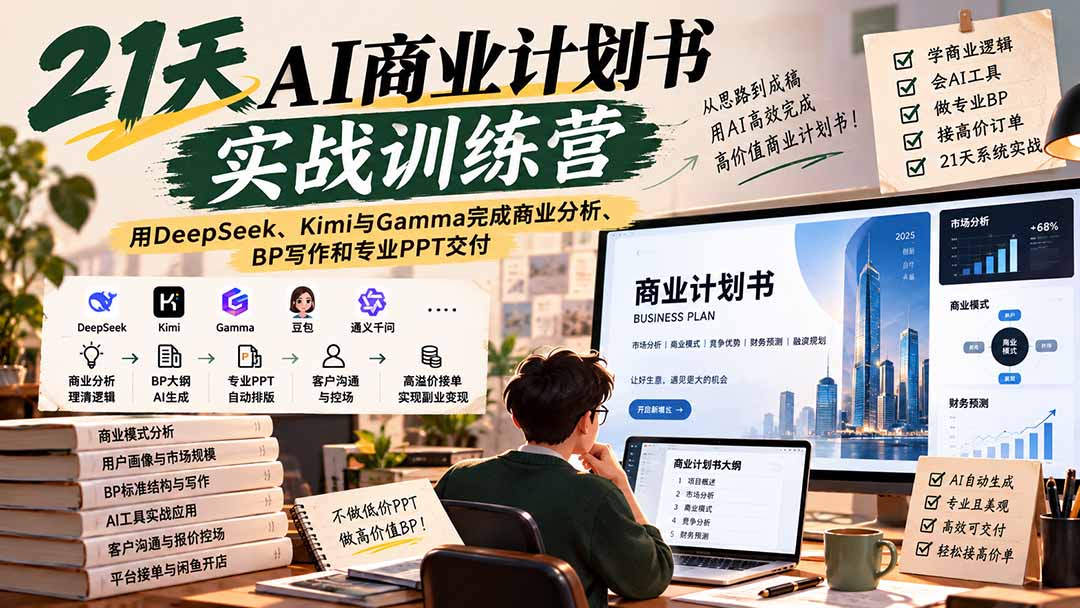 【无水印】21天AI商业计划书实战训练营：用DeepSeek、Kimi与Gamma完成商业分析、BP写作和专业PPT交付-朽念云创