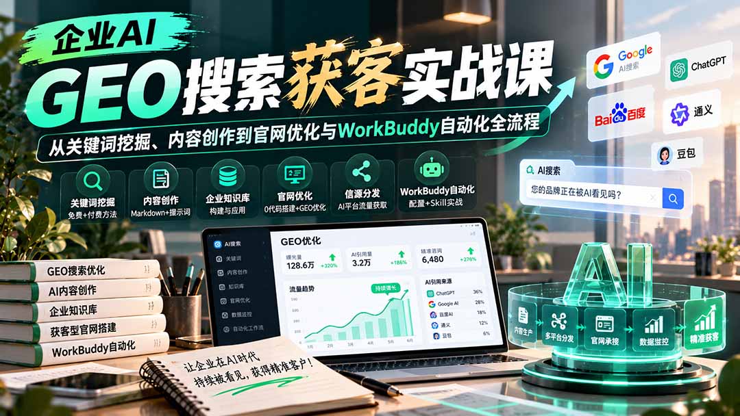 企业AI GEO搜索获客实战课：从关键词挖掘、内容创作到官网优化与WorkBuddy自动化全流程-朽念云创