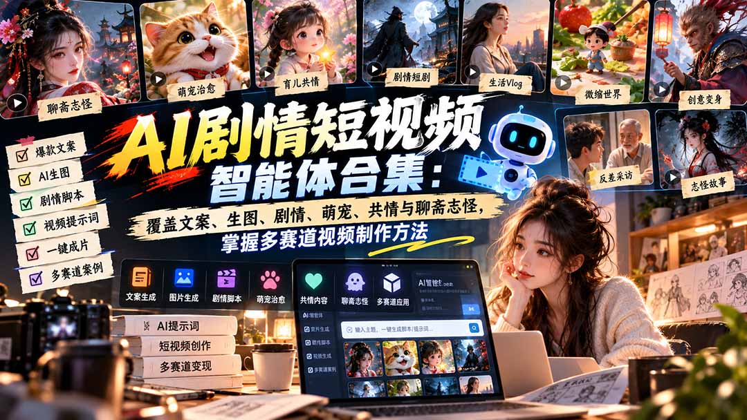 【无水印】AI剧情短视频智能体合集：覆盖文案、生图、剧情、萌宠、共情与聊斋志怪，掌握多赛道视频制作方法-朽念云创
