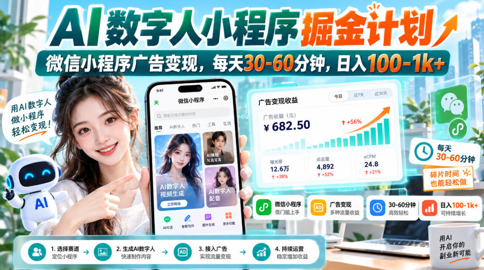 【无水印】AI数字人小程序掘金计划,微信小程序广告变现,每天30‑60分钟,日入100‑1k+-朽念云创