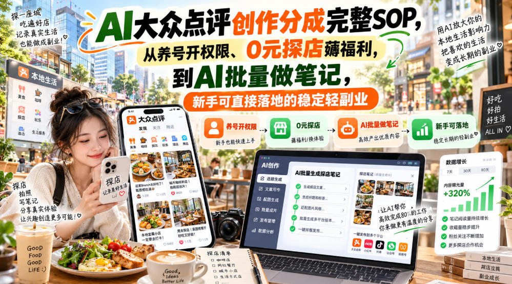 【无水印】AI大众点评创作分成完整SOP，从养号开权限、0元探店薅福利，到AI批量做笔记，新手可直接落地的稳定轻副业-朽念云创