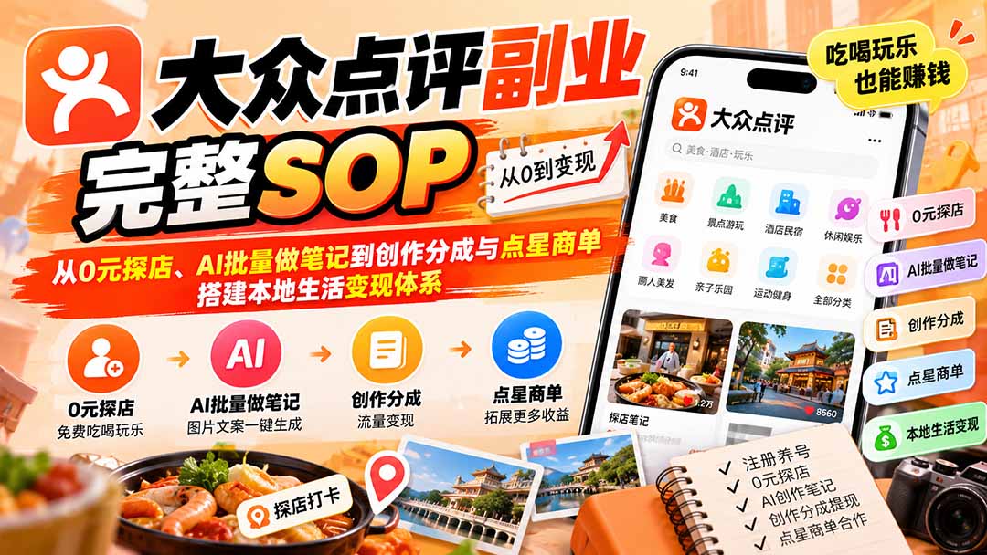 【无水印】大众点评副业完整SOP：从0元探店、AI批量做笔记到创作分成与点星商单，搭建本地生活变现体系-朽念云创