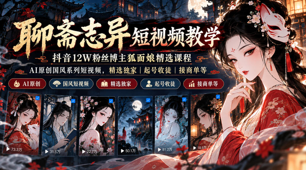 聊斋志异短视频教学，抖音12W粉丝博主狐面娘精选课程，AI原创国风系列短视频，精选独家丨起号收徒丨接商单等-朽念云创